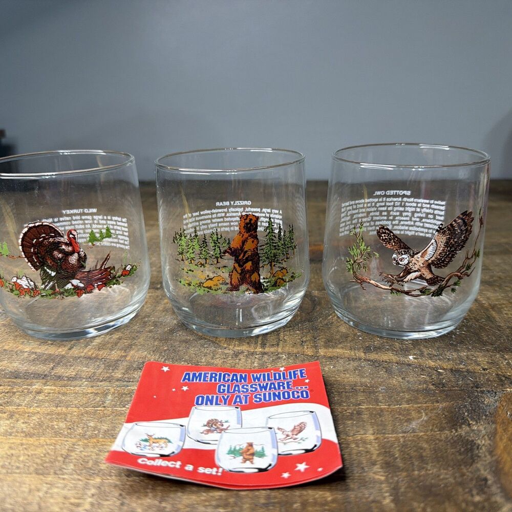 Vintage 1992 Sunoco American Wildlife Glassware Deer Turkey Bear Owl Eagle 3 Set